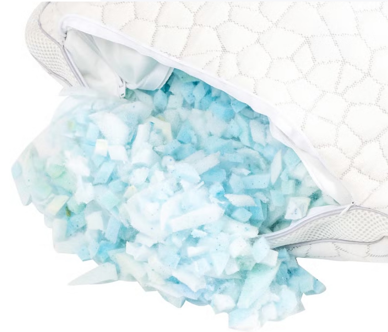 Close-up of shredded memory foam pieces, highlighting their texture and gaps for airflow